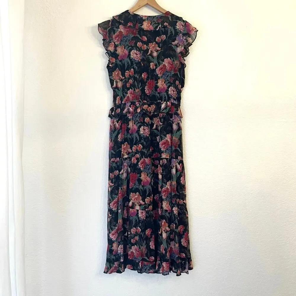 Paige Paradis 100% Silk Ruffle Floral Midi Dress M Dark Romantic Wedding Guest - Picture 7 of 13
